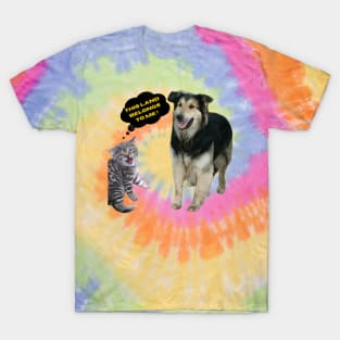 A kitten fighting for land with a dog T-Shirt